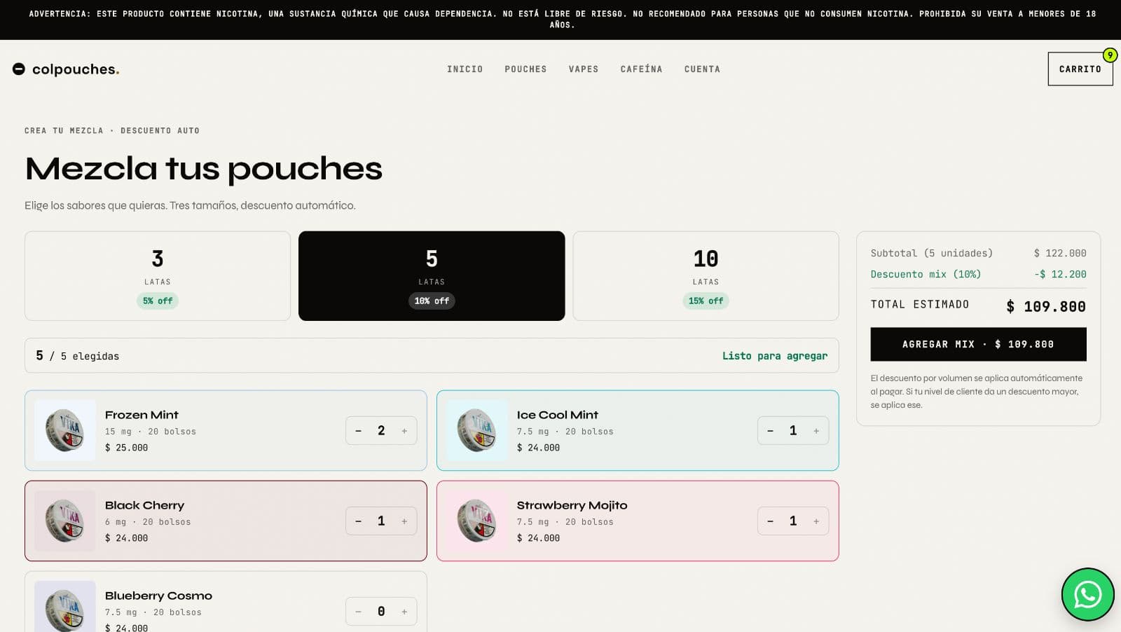 The Colpouches mix builder on the live off-white storefront